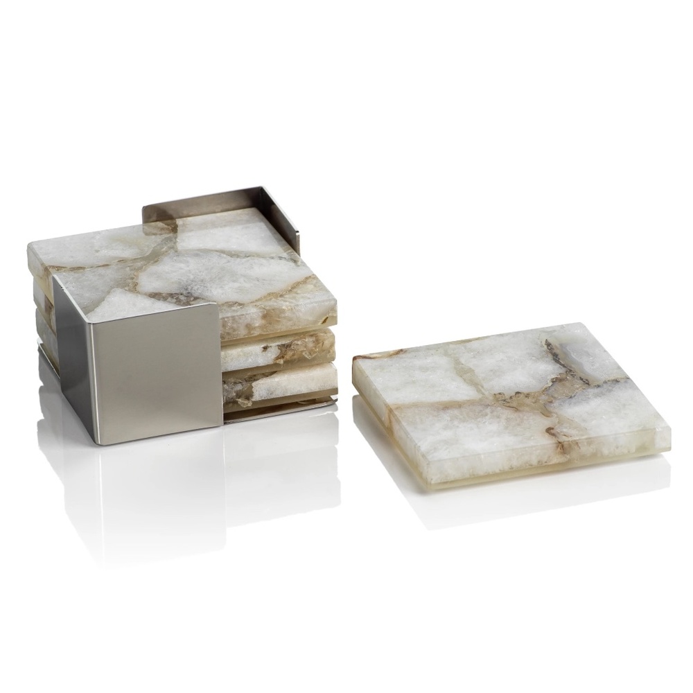 ZODAX CRETE AGATE COASTERS ON METAL TRAY TAUPE/WHITE - SET OF 4 - NEW IN BOX - Picture 2 of 5